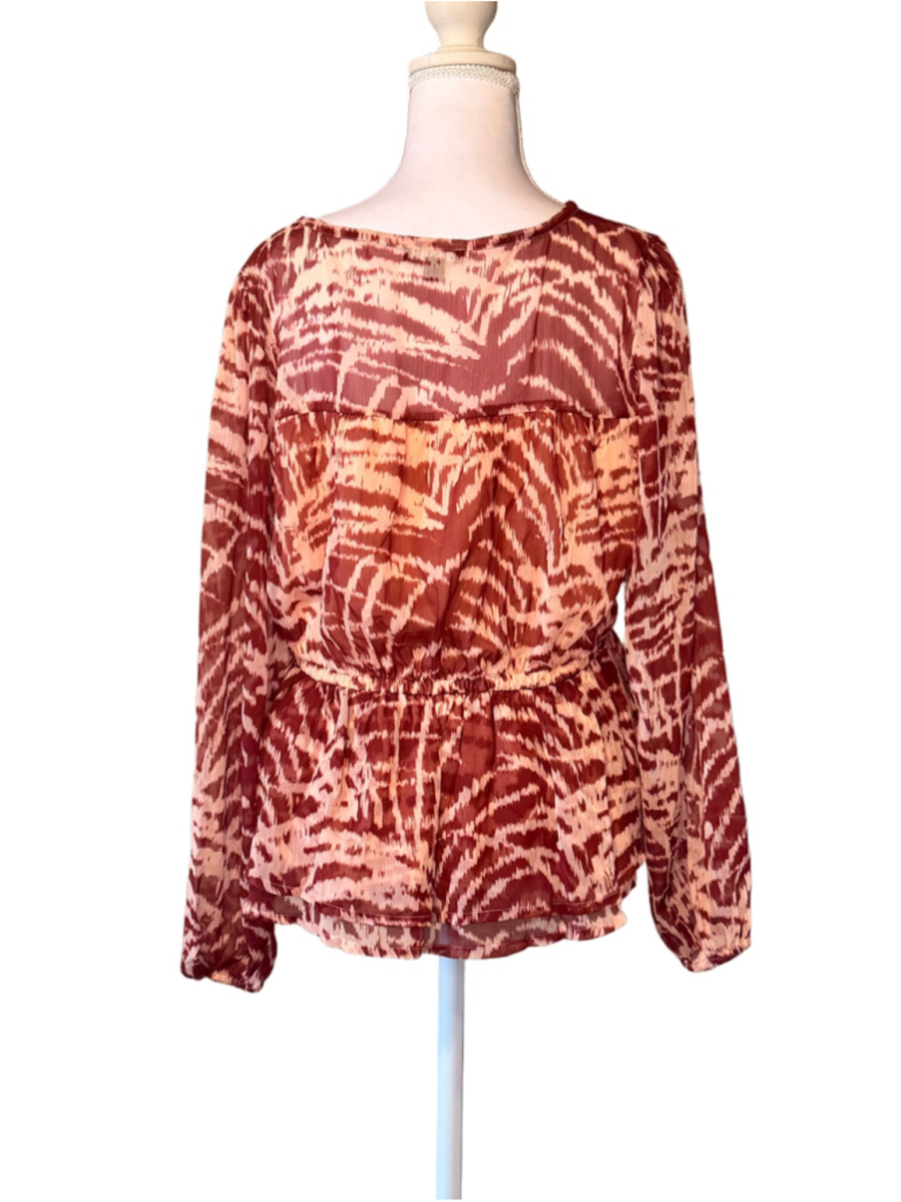 Venus Abstract Animal Print Sheer Peplum Blouse Top Rust Peach M - Picture 2 of 5